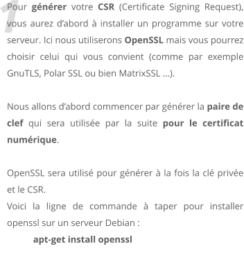 1 Pour gnrer votre CSR (Certificate Signing Request), vous aurez dabord  installer un programme sur votre serveur. Ici nous utiliserons OpenSSL mais vous pourrez choisir celui qui vous convient (comme par exemple GnuTLS, Polar SSL ou bien MatrixSSL ).  Nous allons dabord commencer par gnrer la paire de clef qui sera utilise par la suite pour le certificat numrique.  OpenSSL sera utilis pour gnrer  la fois la cl prive et le CSR.  Voici la ligne de commande  taper pour installer openssl sur un serveur Debian :  apt-get install openssl