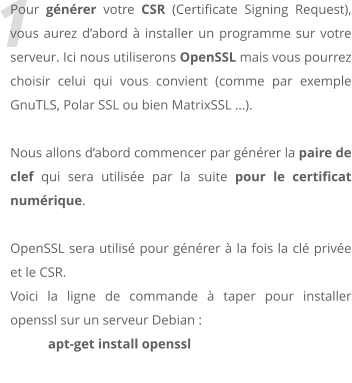 1 Pour gnrer votre CSR (Certificate Signing Request), vous aurez dabord  installer un programme sur votre serveur. Ici nous utiliserons OpenSSL mais vous pourrez choisir celui qui vous convient (comme par exemple GnuTLS, Polar SSL ou bien MatrixSSL ).  Nous allons dabord commencer par gnrer la paire de clef qui sera utilise par la suite pour le certificat numrique.  OpenSSL sera utilis pour gnrer  la fois la cl prive et le CSR.  Voici la ligne de commande  taper pour installer openssl sur un serveur Debian :  apt-get install openssl